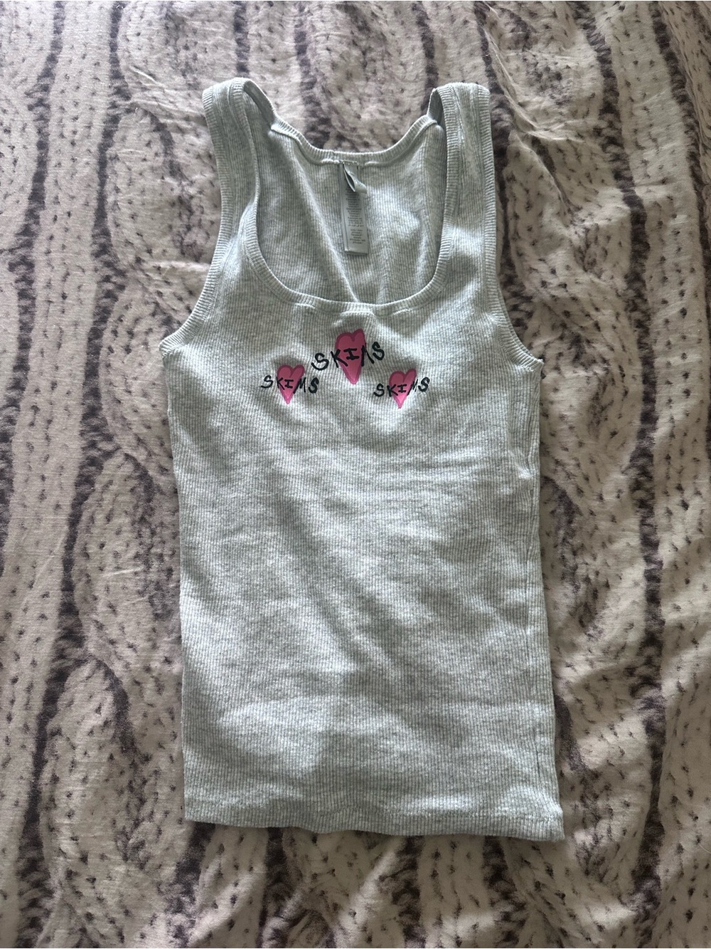 SKIMS Light Gray Ribbed Tank with Pink Heart Logo